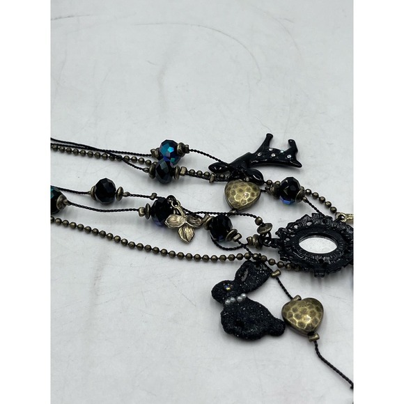 Betsey Johnson Dark Forest Triple Strand Gunmetal Necklace Fox Rabbit Charms - Picture 13 of 16